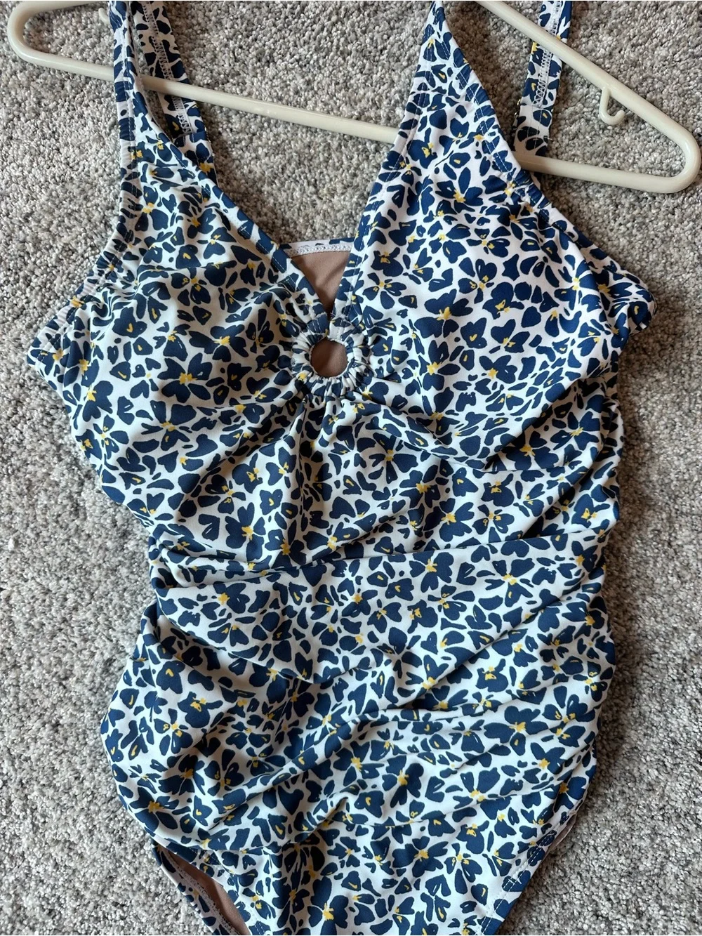 Susan Graver Blue and White Leaf-Print Swim One-Piece with matching Skirt